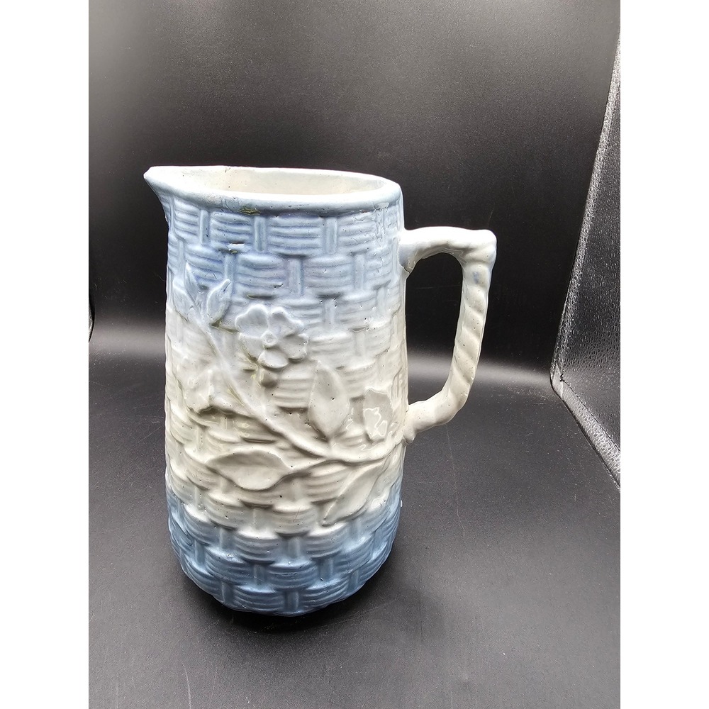 Vintage Blue White Basketweave Floral Ceramic Pitcher Majolica Style Decor AB